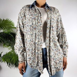 Vintage 90s Cream Floral Cottagecore Grandmacore Button Up Long Sleeve Shirt / S